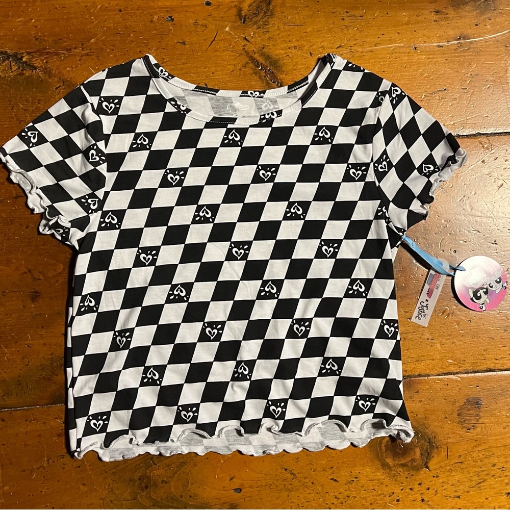 Black white checkerboard heart XL plus Justice x PowerPuff Girls shirt